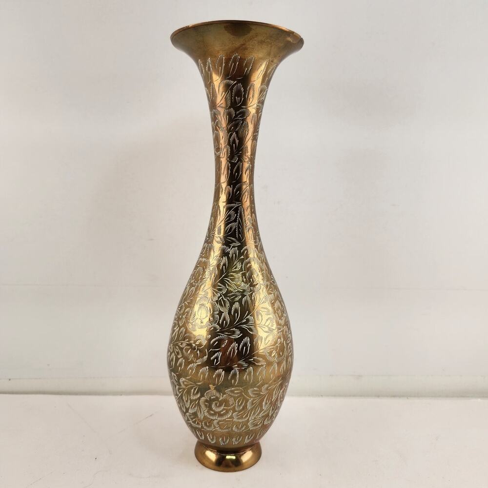 Brass Trumpet Vase Etched Floral 11" India Boho Decor Vintage Metal Flower Vase